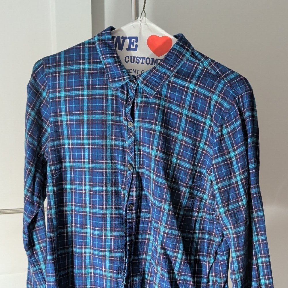Eddie Bauer Women's Blue and Red Plaid Button Down Shirt